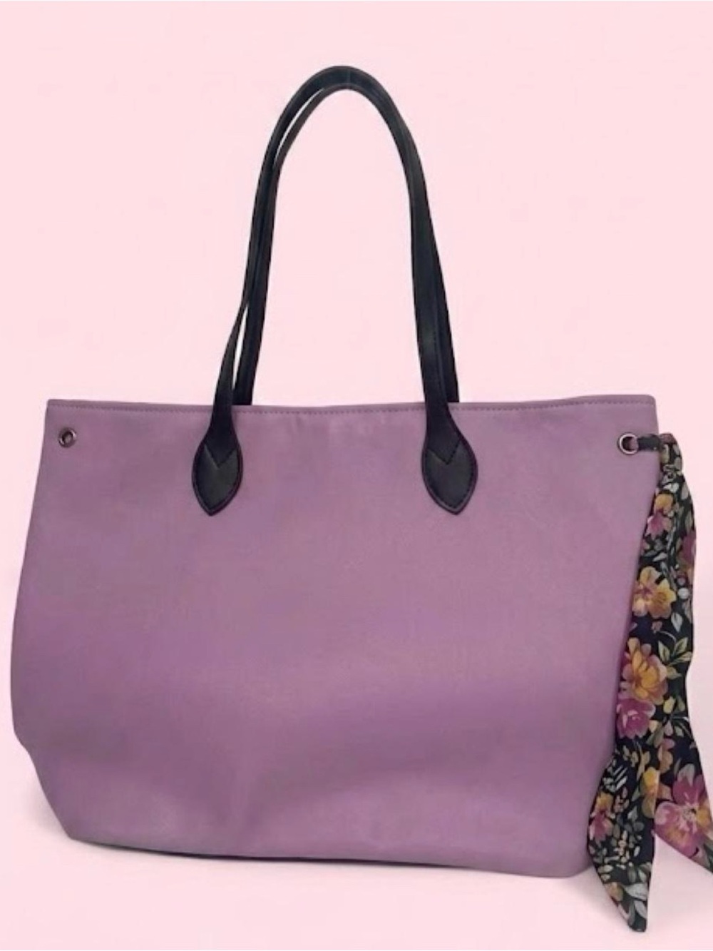 Lilac Tote Bag with Black Handles and Floral Scarf